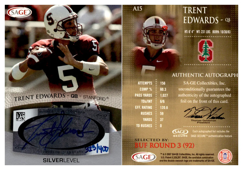 Sage football Trent Edwards rookie auto autographed football card 2007 SAGE Silver