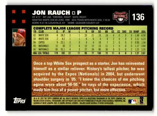 2007 Topps #136 Jon Rauch Washington Nationals Baseball Cards NM Nea ID:53853 - Baseball Card Single