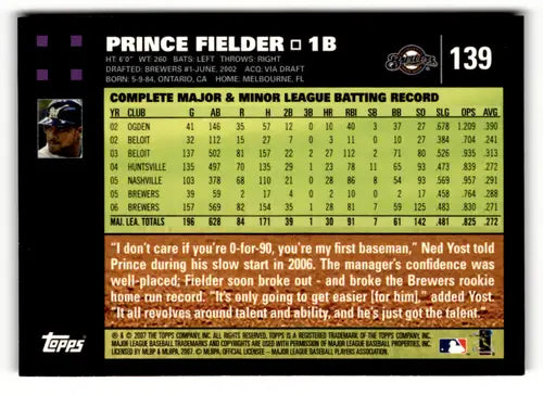 2007 Topps #139 Prince Fielder NM Near Mint Brewers ID:49036 - Baseball Card Single