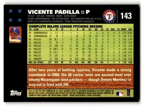 Baseball card back with original gloss from 2007 Topps Vicente Padilla Texas Rangers