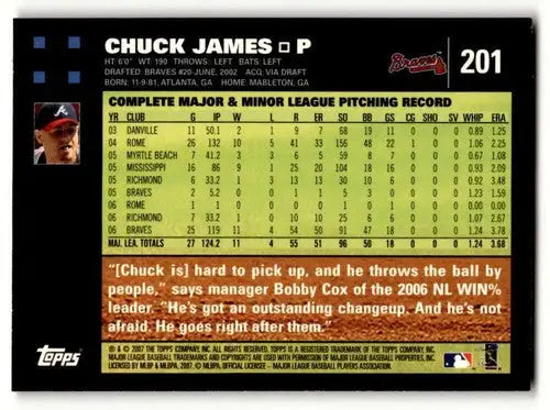 Original gloss Chuck James Atlanta Braves baseball card from 2007 Topps #201