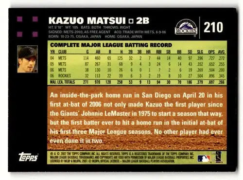 Baseball card back with original gloss of Kazuo Matsui Colorado Rockies card 2007 Topps