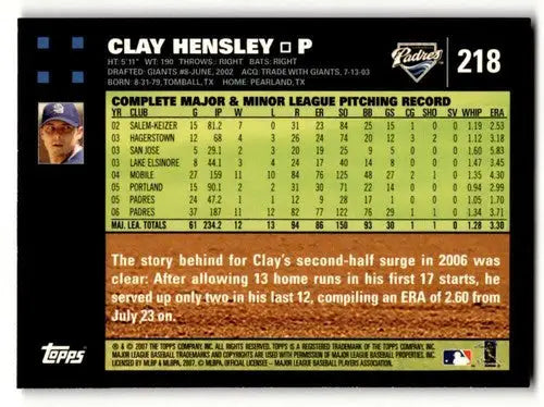 Original gloss Clay Hensley San Diego Padres baseball card from 2007 Topps NM near ID 53873