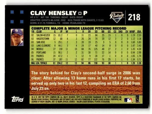 Clay Hensley baseball card with original gloss from 2007 Topps San Diego Padres