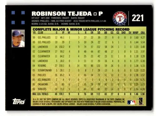 2007 Topps #221 Robinson Tejeda Texas Rangers Baseball Cards NM Near ID:53836 - Baseball Card Single