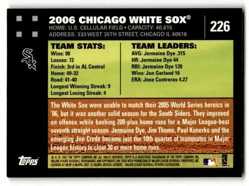 2007 Topps #226 Chicago White Sox CL NM Near Mint ID:53870 - Baseball Card Single