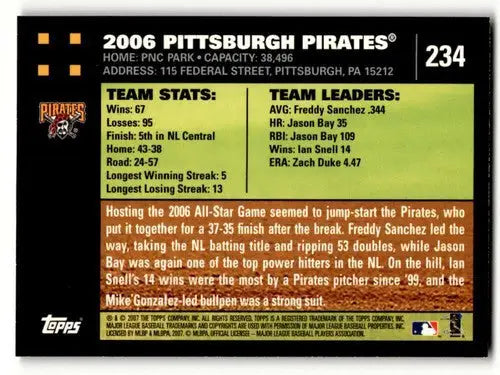2007 Topps #234 Pittsburgh Pirates CL Pittsburgh Pirates Baseball Ca ID:53854 - Baseball Card Single