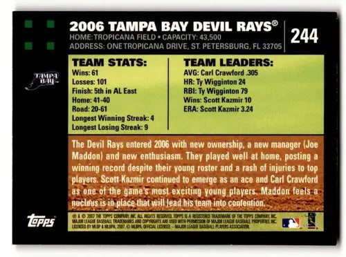 2006 Tampa Bay Devil Rays baseball card from 2007 Topps series featuring Tampa Bay devil rays