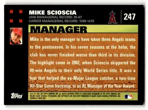 Mike Scioscia Los Angeles Angels baseball card from 2007 Topps #247 NM N ID 53863