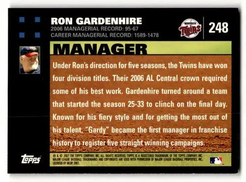 Original gloss Ron Gardenhire Minnesota baseball card from 2007 Topps series