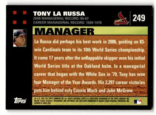 2007 Topps Tony La Russa Cardinals baseball card with original gloss, Saint Louis Cardinals baseball memorabilia