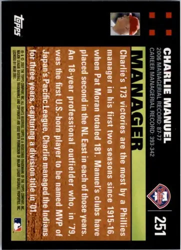 Baseball card back featuring Charlie Manuel with original gloss from 2007 Topps MG NMNT