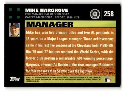2007 Topps #258 Mike Hargrove Seattle Mariners Baseball Cards NM Nea ID:53879 - Baseball Card Single