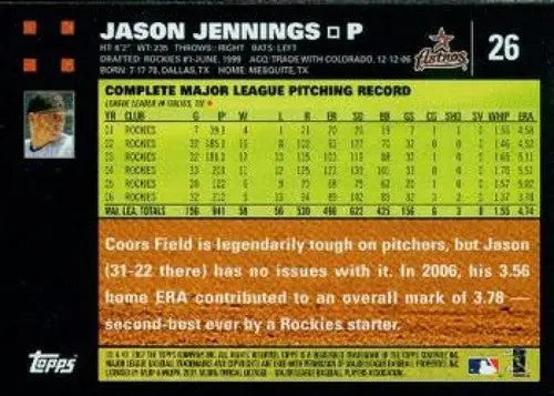 2007 Topps #26 Jason Jennings NM-MT Astros ID:5288 - Baseball Card Single