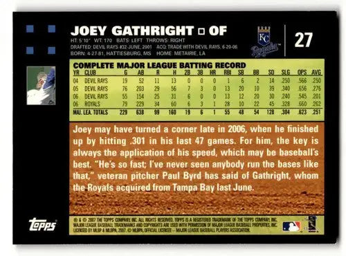 Baseball card back with original gloss for Joey Gathright Kansas City Royals card