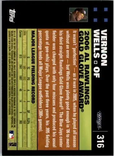 Baseball card back featuring original gloss Vernon Wells NMMT Blue Jays ID 9027