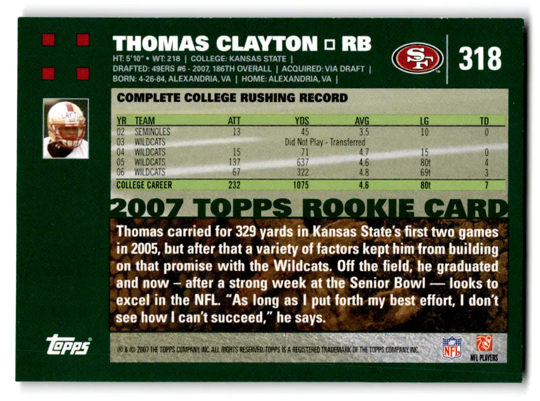 2007 Topps - #318 Thomas Clayton (RC) 49ers - Football Card Single