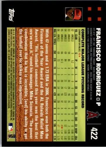 Baseball card back showing original gloss for Francisco Rodriguez NMMT from 2007 Topps #422