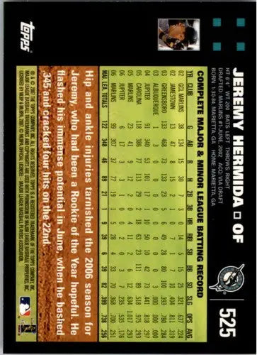 Baseball card back featuring Jeremy Hermida NMMT from 2007 Topps #525 Marlins
