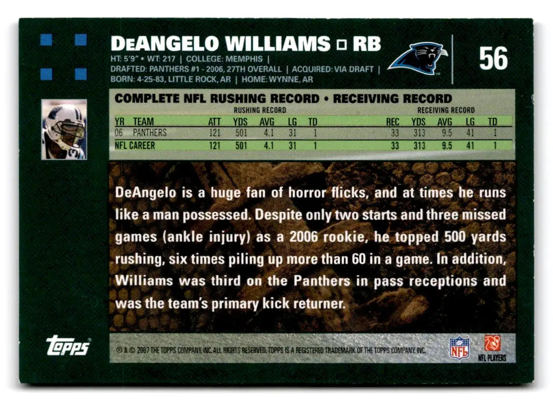 2007 Topps #56 DeAngelo Williams - Football Card Single