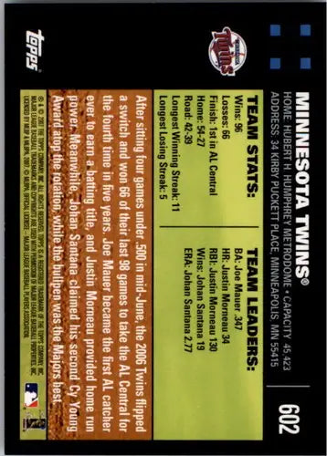 2007 Topps #602 Minnesota Twins NMMT Twins ID:9059 - Baseball Card Single