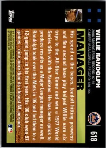 2007 Topps #618 Willie Randolph NMMT Mets MG ID:9062 - Baseball Card Single