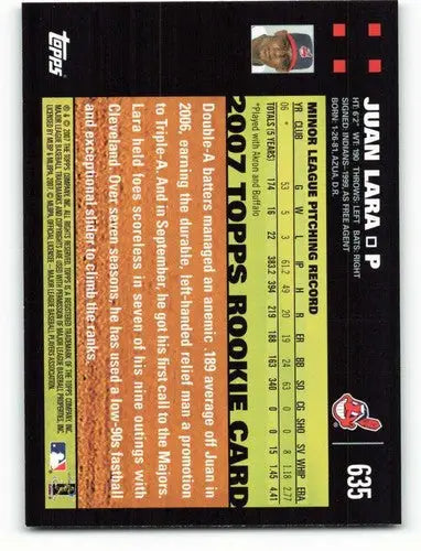 Original gloss Juan Lara rookie Indians baseball card from 2007 Topps #635