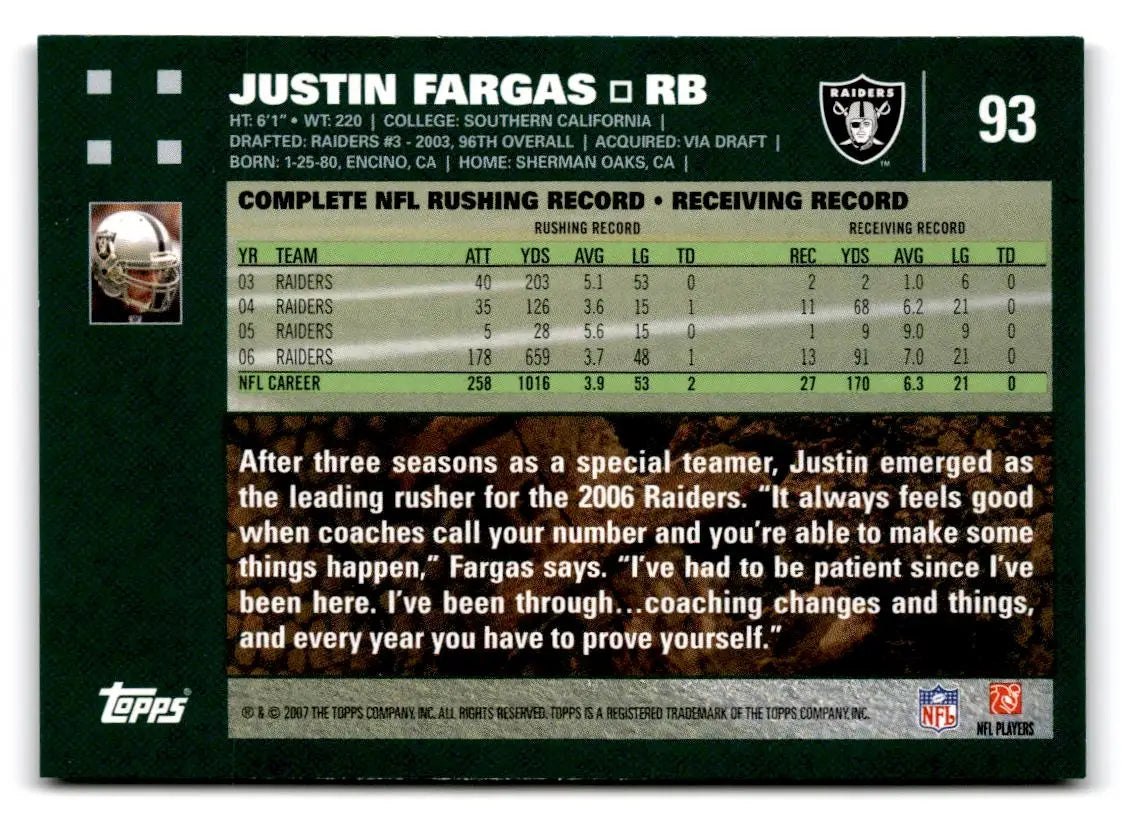 2007 Topps #93 Justin Fargas - Football Card Single