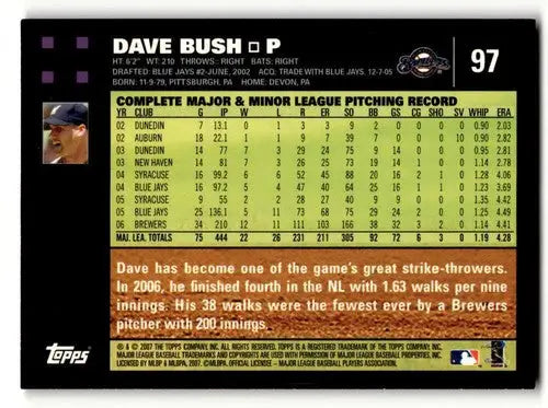 2007 Topps #97 Dave Bush Milwaukee Brewers Baseball Cards NM Near Mi ID:53875 - Baseball Card Single