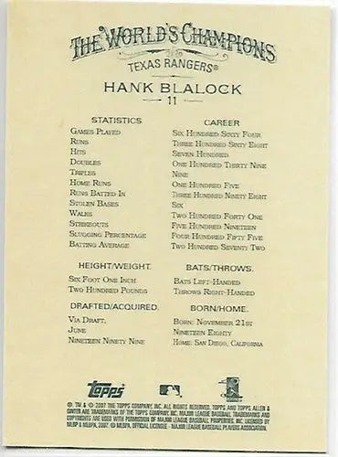 Original gloss 2007 Topps Allen and Ginter Hank Blalock baseball card NM-MT Rangers