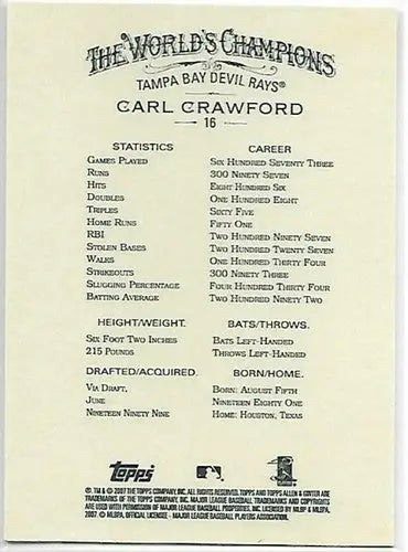 Back of 2007 Topps Allen and Ginter Carl Crawford baseball card with original glossing