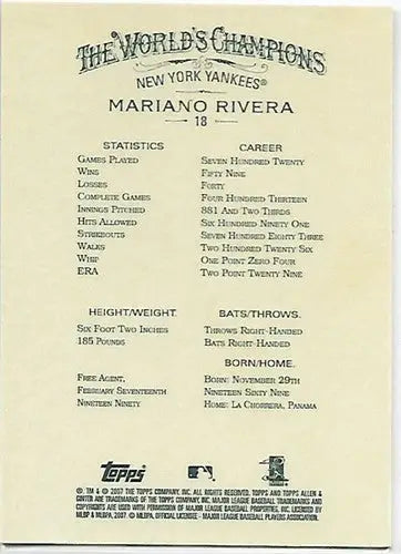 Mariano Rivera baseball card from 2007 Topps Allen and Ginter NM-MT Yankees with original gloss