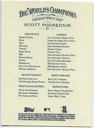 2007 Topps Allen and Ginter #27 Scott Podsednik NM-MT White Sox - Baseball Card Single