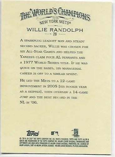 2007 Topps Allen and Ginter #28 Willie Randolph NM-MT Mets - Baseball Card Single