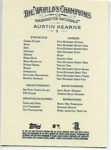2007 Topps Allen and Ginter #3 Austin Kearns NM-MT Nationals - Baseball Card Single