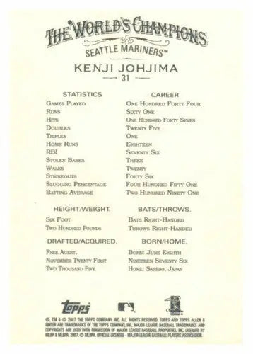 2007 Topps Allen and Ginter #31 Kenji Johjima NM-MT Mariners - Baseball Card Single