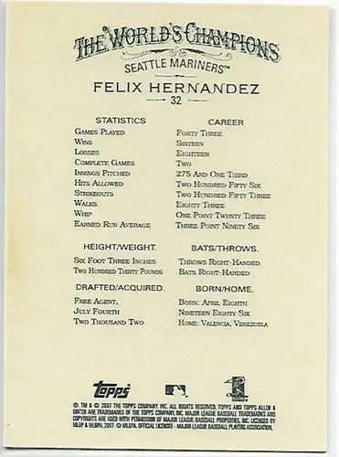 2007 Topps Allen and Ginter #32 Felix Hernandez NM-MT Mariners - Baseball Card Single