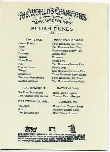2007 Topps Allen and Ginter #33 Elijah Dukes NM-MT RC Rookie Devil Rays - Baseball Card Single