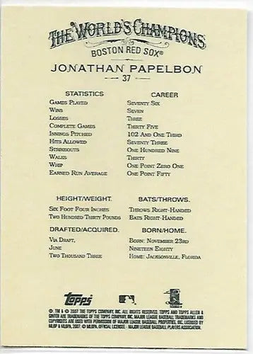 2007 Topps Allen and Ginter #37 Jonathan Papelbon NM-MT Red Sox - Baseball Card Single