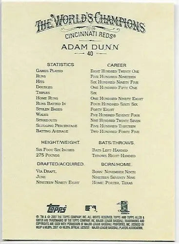 2007 Topps Allen and Ginter #40 Adam Dunn NM-MT Reds - Baseball Card Single