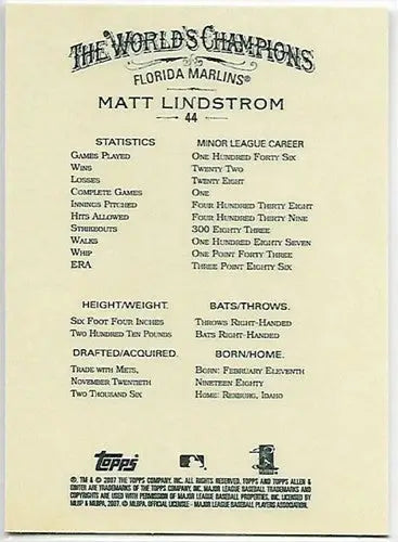 2007 Topps Allen and Ginter #44 Matt Lindstrom NM-MT RC Rookie Marlins - Baseball Card Single