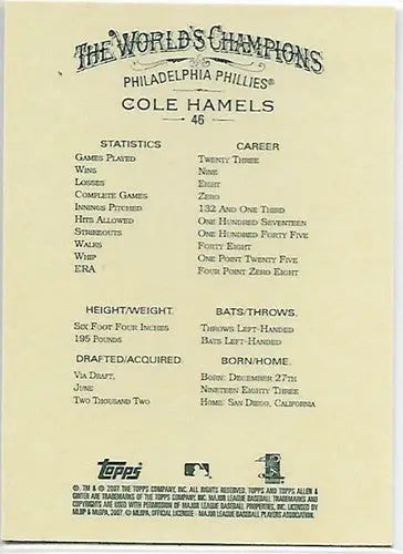 2007 Topps Allen and Ginter #46 Cole Hamels NM-MT Phillies - Baseball Card Single