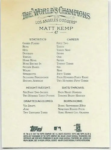 2007 Topps Allen and Ginter #47 Matt Kemp NM-MT Dodgers - Baseball Card Single
