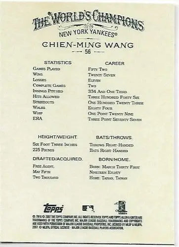2007 Topps Allen and Ginter #56 Chien-Ming Wang NM-MT Yankees - Baseball Card Single
