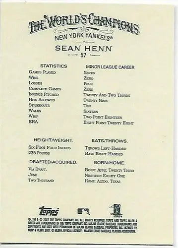 2007 Topps Allen and Ginter #57 Sean Henn NM-MT RC Rookie Yankees - Baseball Card Single