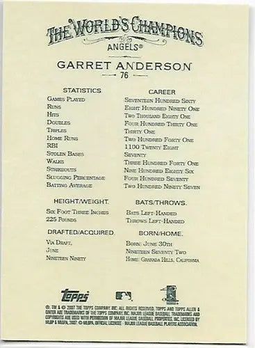 2007 Topps Allen and Ginter #76 Garret Anderson NM-MT Angels - Baseball Card Single