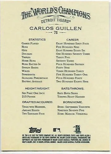 2007 Topps Allen and Ginter #78 Carlos Guillen NM-MT Tigers - Baseball Card Single
