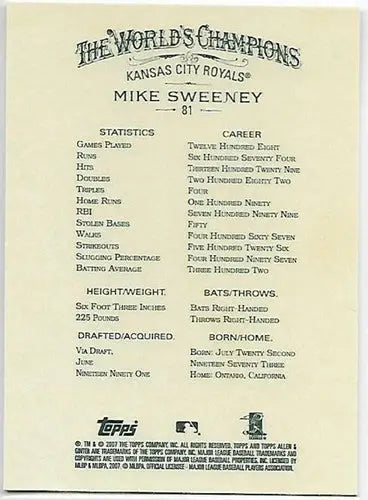 2007 Topps Allen and Ginter #81 Mike Sweeney NM-MT Royals - Baseball Card Single