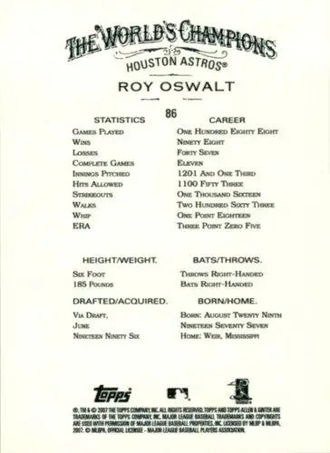 Original gloss Roy Oswalt baseball card from 2007 Topps Allen and Ginter set