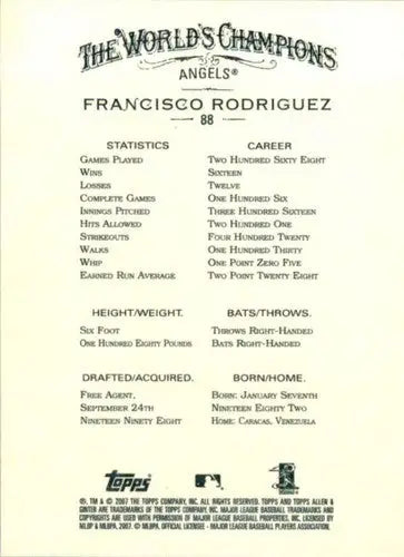 Baseball card back with original gloss from 2007 Topps Allen and Ginter Francisco Rodriguez